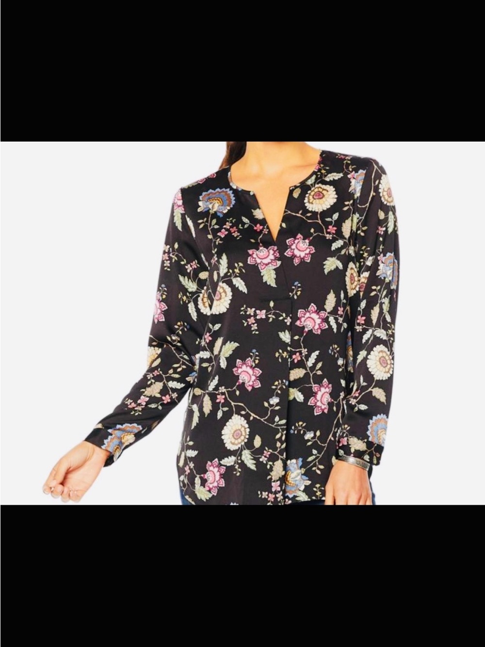 Vince Camuto Floral Hammered Satin Split Neck Top